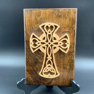 Hand Carved Signed Wooden Religious Wall Cross Plaque 9"x6"